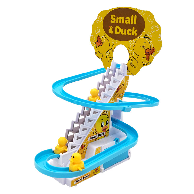 Juguetes para niños de patos con rieles eléctricos, patos amarillos que suben escaleras, patos que suben escaleras