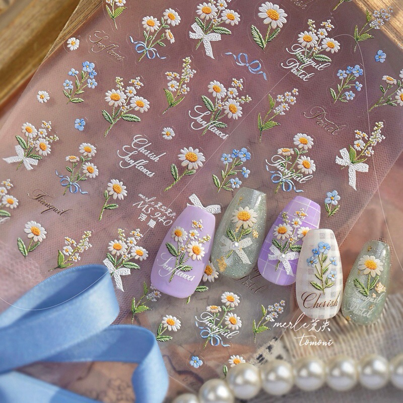 New Spring Embossed Sunflower Nail Stickers, Popular Daisy and Wildflower Designs, Light Luxury and Simple Nail Stickers Wholesale