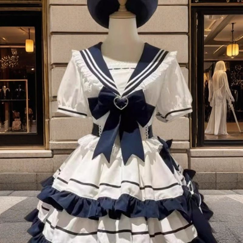甜美温柔少女感Lolita裙洛丽塔海军学院风撞色拼接收腰蓬蓬连衣裙|undefined