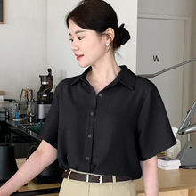复古港味纯色衬衫女夏季款休闲百搭雪纺短袖上衣高档垂感上衣小众