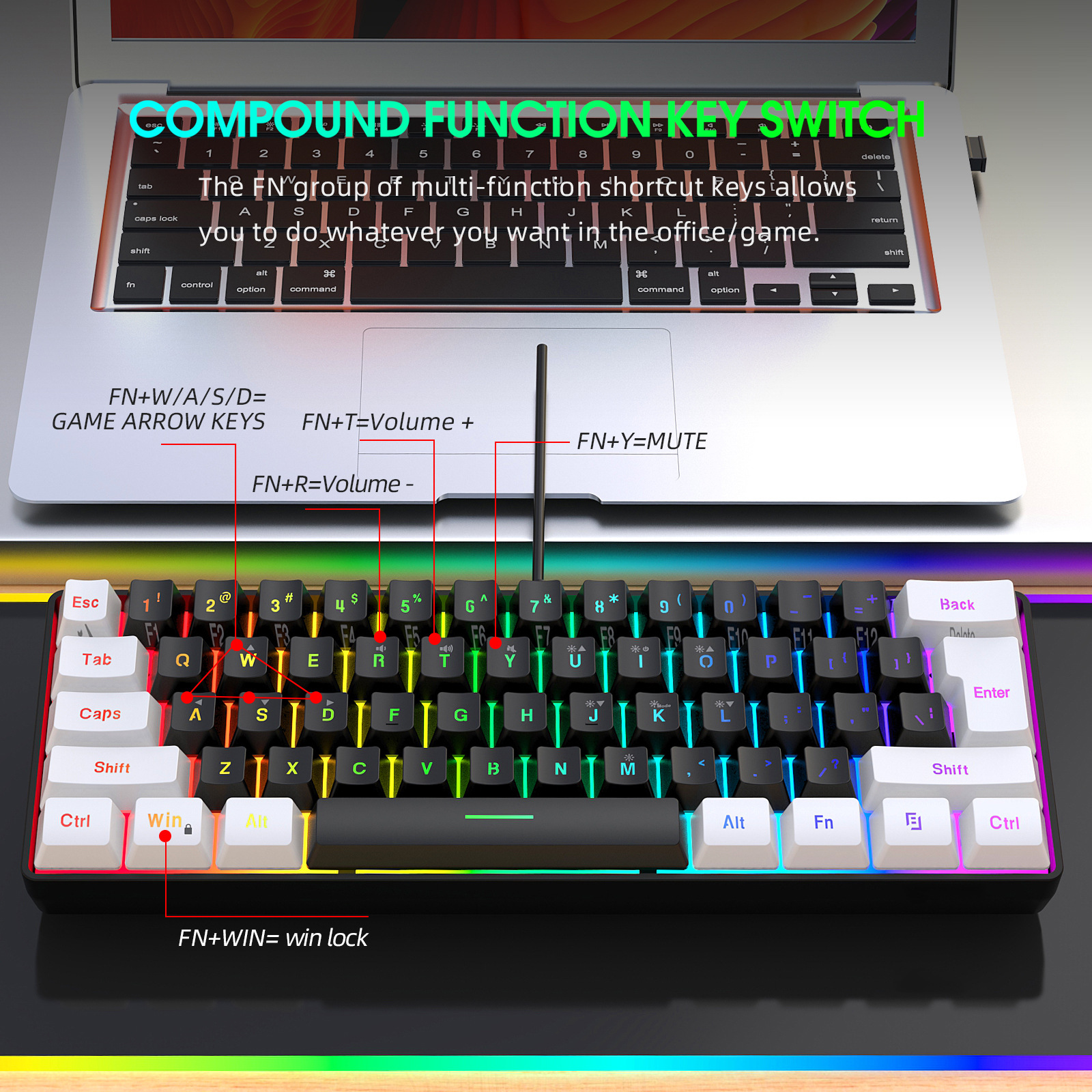 Nouveau clavier de jeu de bureau filaire avec souris et éclairage blanc et noir à 61 touches_voghion.com