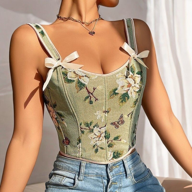 Cross-Border French-Style Bow Tie Floral Sexy Shapewear Women's Camisole Printed Slim Vest Corset