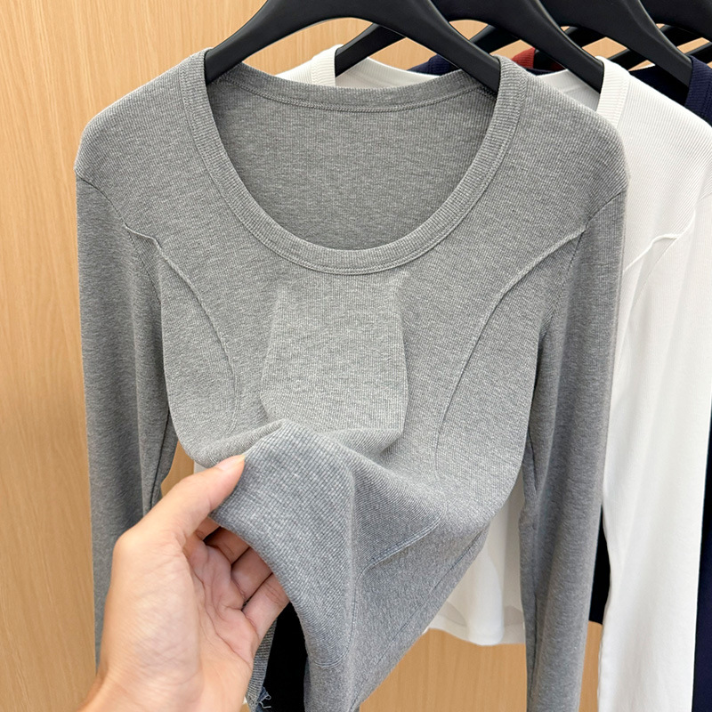 Camiseta simple de manga larga de hombro recto para mujer, primavera de 2025, nueva camiseta delgada de cuello redondo para mujer, top de cintura de espina de pescado image 9