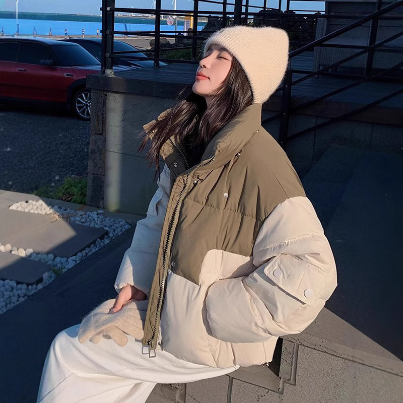 Super hermosa cinta de contraste, chal corto de pluma, ropa de algodón para mujeres invierno 2025 nueva chaqueta de algodón de aire occidental