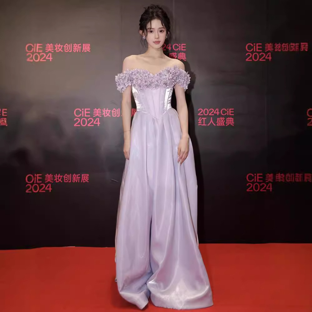 Purple Evening Dress for Women 2026 New Style Three-Dimensional Flower Off-Shoulder Amazon Prom Dress Hostess Dress