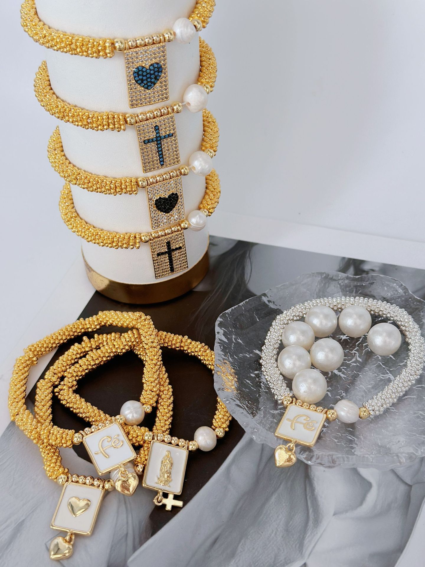 Zircon Inlay Material Bracelets Classification Copper Beaded Enamel Inlay Cross Letter Heart Shape Zircon Bracelets