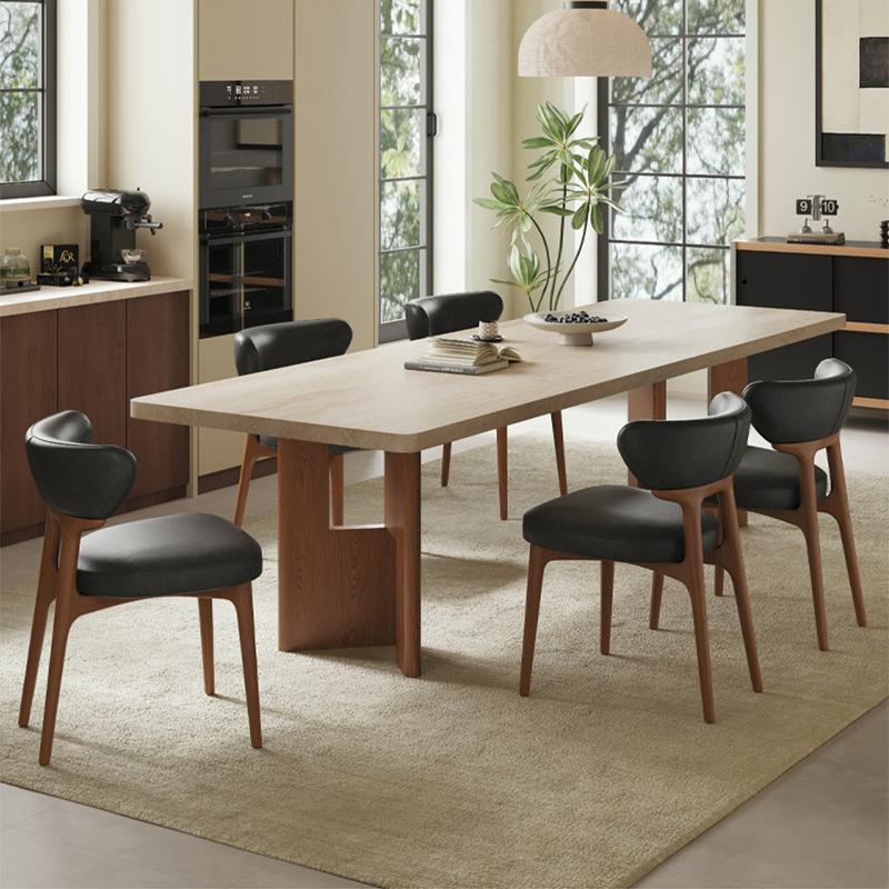 French-Style Vintage Delfin Travertine Stone Dining Table and Chair Set for Home Use, Rectangular Designer Walnut-Colored Dining Table