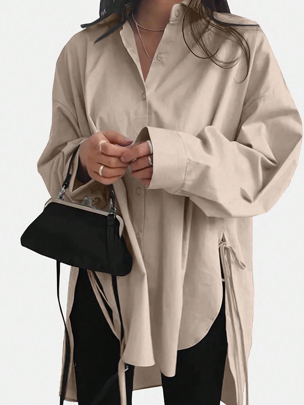 ヨーロッパとアメリカの貿易婦人服Amazon AliExpress新しい女性の初秋のルーズフロントショートバックロングレースアップスリムシャツ|undefined