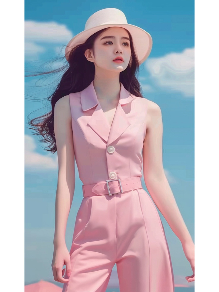 Bộ jumpsuit nữ dài tay màu hồng phong cách dopamine mùa hè cao cấp — Màu hồng chi tiết 4