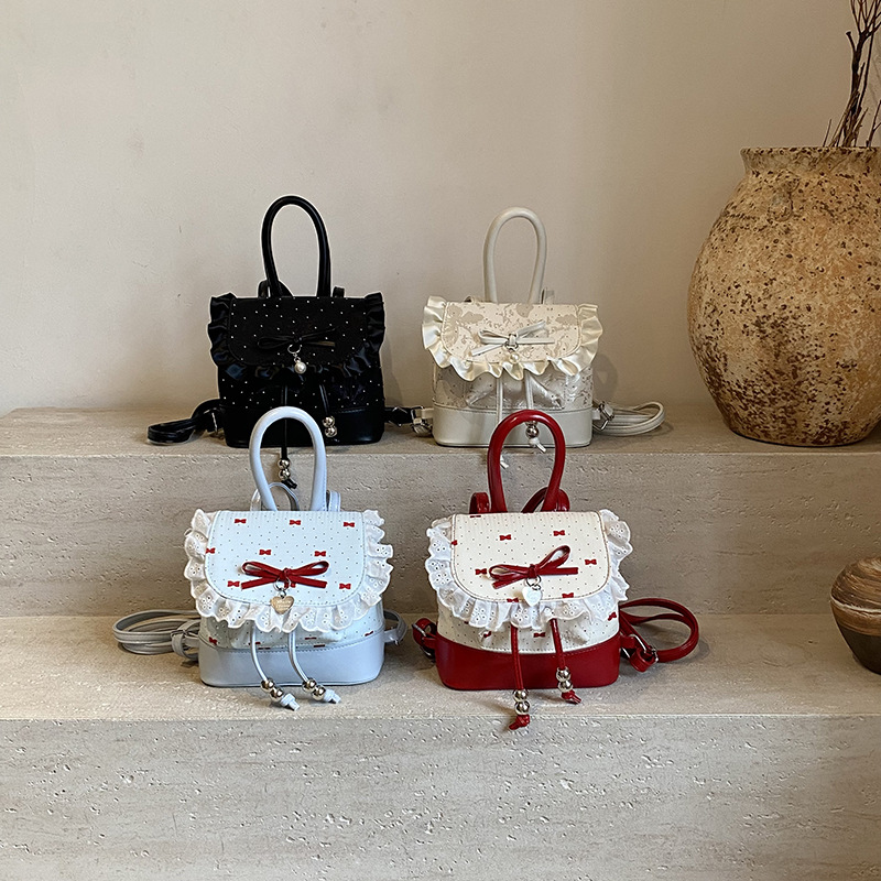 跨境韩系蝴蝶结少女双肩包古着感文艺小清新学院风迷你蕾丝小背包