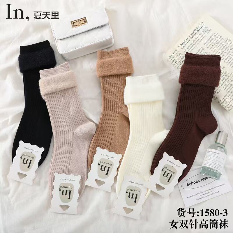 双针长筒袜子女松口纯色条纹净版高筒袜秋冬ins潮日系学院风卷边|undefined