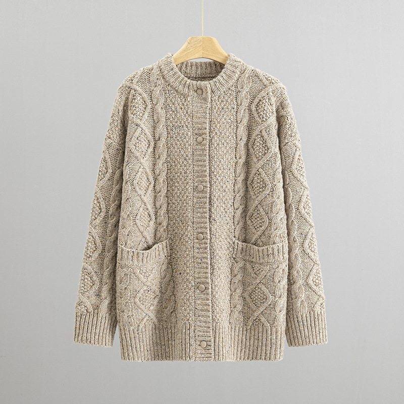 Alan Cable Knit Vintage Oatmeal Color New Australian Pure Wool Loose Casual Mid-Length Knitted Cardigan Sweater for Women