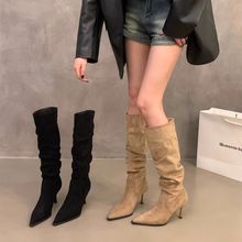 秋冬季时尚加绒绒面卡其色长靴女靴子筒鞋新款瘦长骑士堆堆瘦百搭