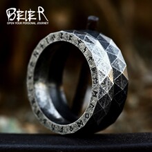 beier日韩简约时尚维京字母钛钢戒指 不锈钢复古菱形个性指环批发