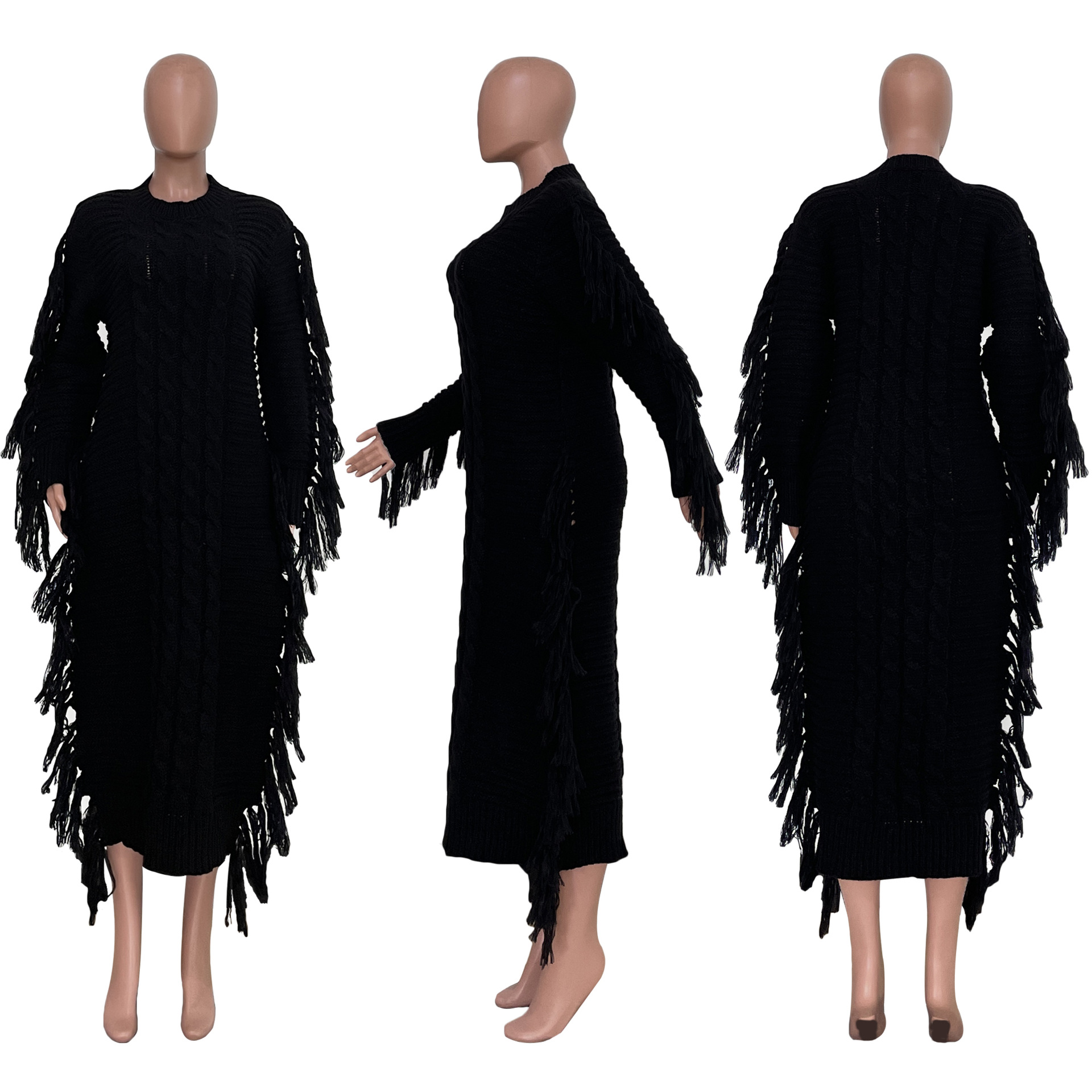 Robe pull femme avec franges longues en maille pour l'hiver_voghion.com