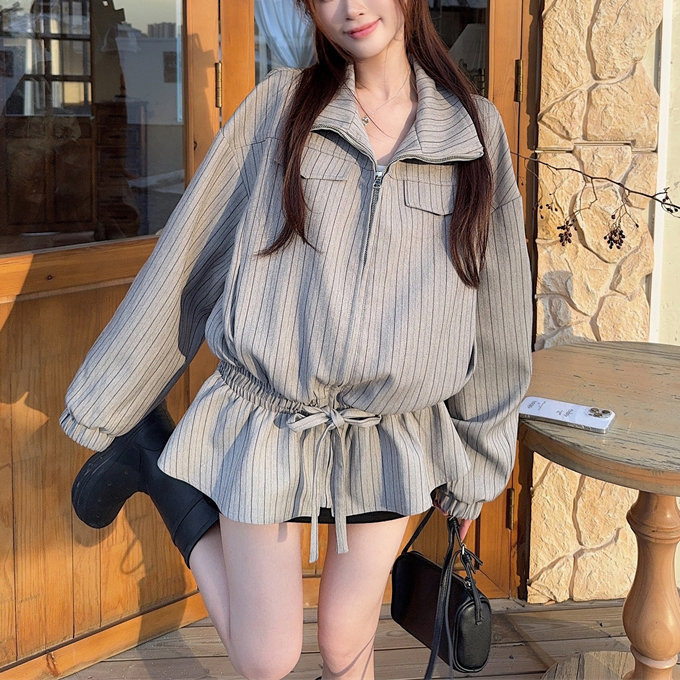 复古条纹翻领长袖新款开衫外套女秋冬美式设计感小众夹克气质上衣|undefined