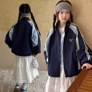 女童秋季拼色夹克2026新款大童时髦洋气休闲百搭防风拉链花边外套