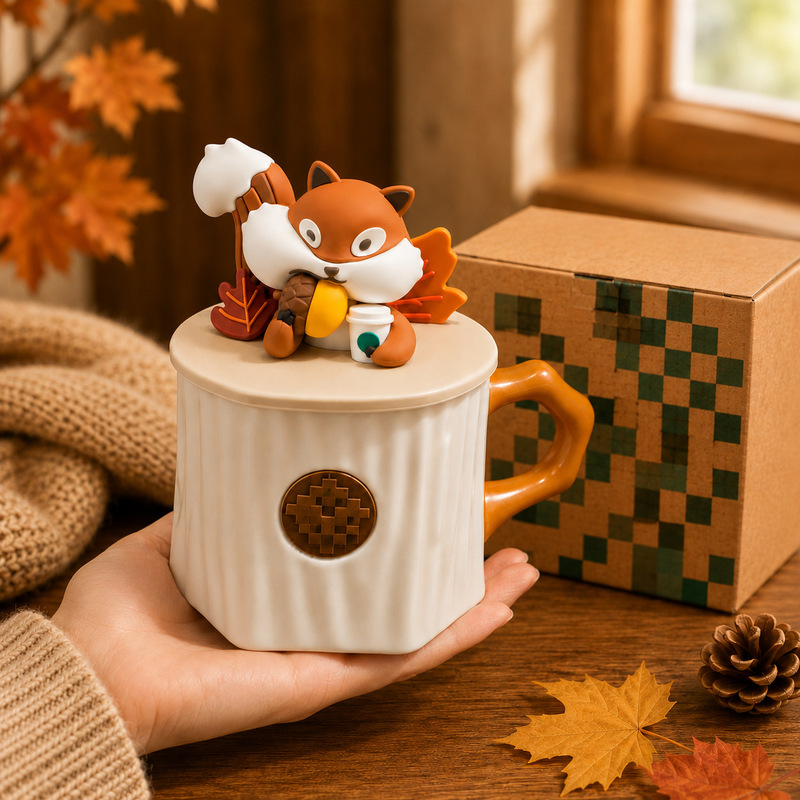 Autumn Maple Leaf Fox Mug Couple Gift Cartoon Cute Rabbit Lid Ceramic Coffee Cup Water Cup High-End Feel