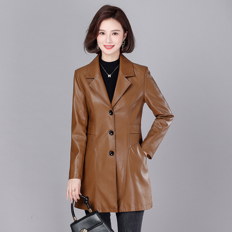 2026 Spring and Autumn New Haining Leather Jacket for Women, Mid-Length Slim Fit Large Size Leather Trench Coat