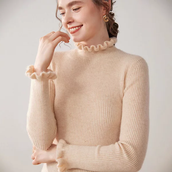 25 Autumn New Style Women's Half-Turtleneck Cashmere Sweater with Ruffle Collar and Wool Lace Trim