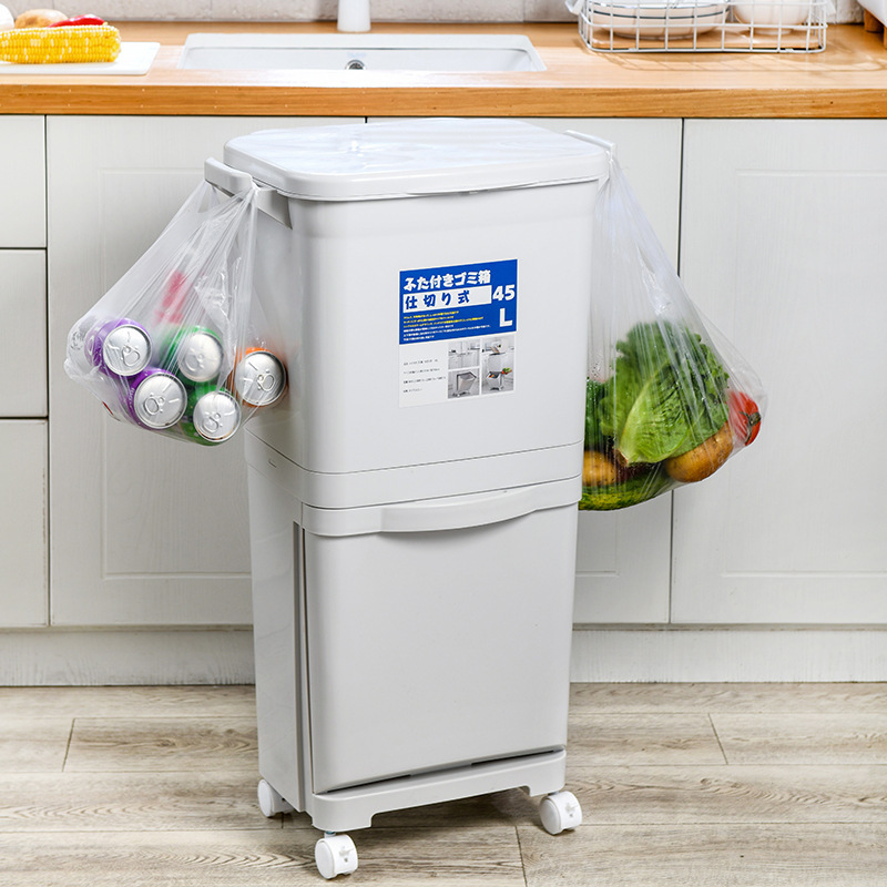 Japanese-style household kitchen sorting trash can dry and wet separation pedal double-layer large pressing type automatic lid opening wheel