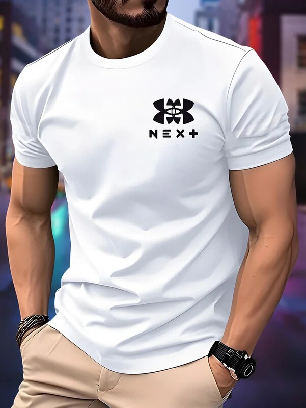 2026 New Men's Armor-Style T-Shirt, Slim Fit, White Cotton Short-Sleeve Casual Sports Streetwear 2026 New Men's Armor-Style T-Shirt, Slim Fit, White Cotton Short-Sleeve Casual Sports Streetwear