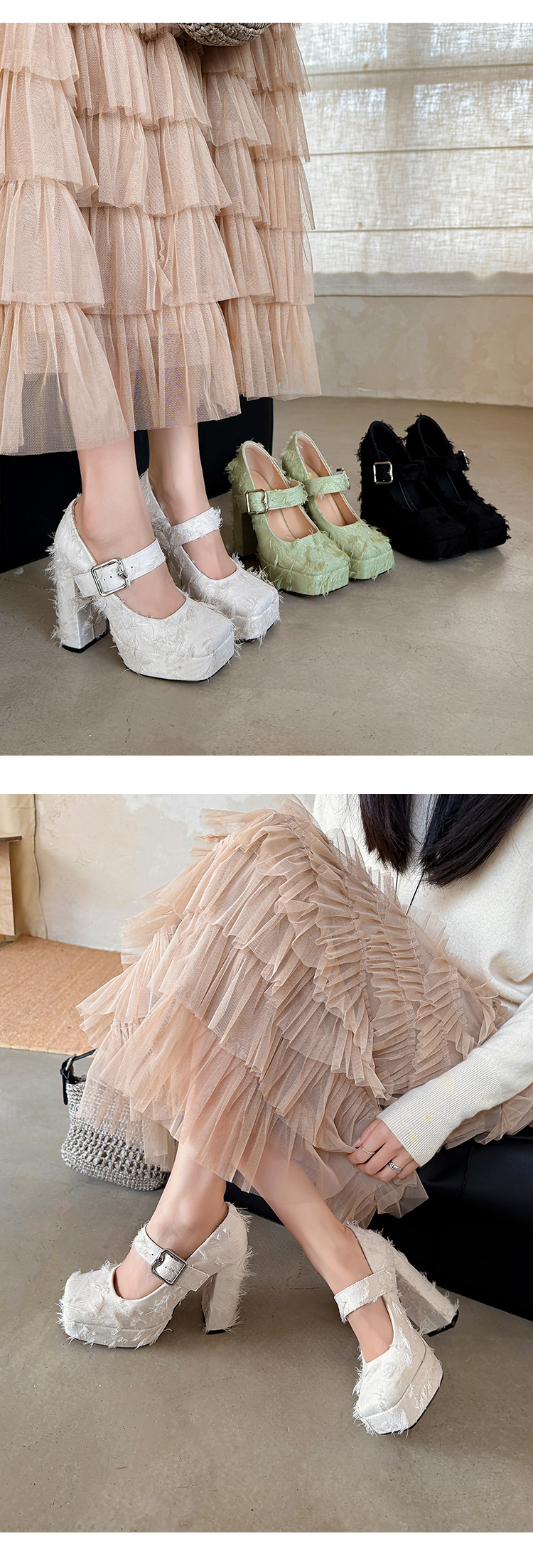 Giày cao gót nữ mũi vuông phong cách Mary Jane đế xuồng platform gót 12 cm — Xanh lá cây nhạtcolor, màu đen, màu trắng ngà chi tiết 22