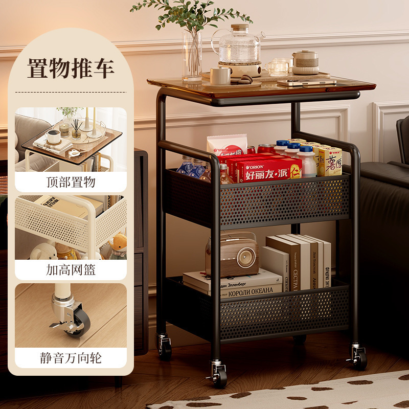 可移动小推车中古风沙发边几桌子客厅带轮茶几卧室床边零食置物架|undefined