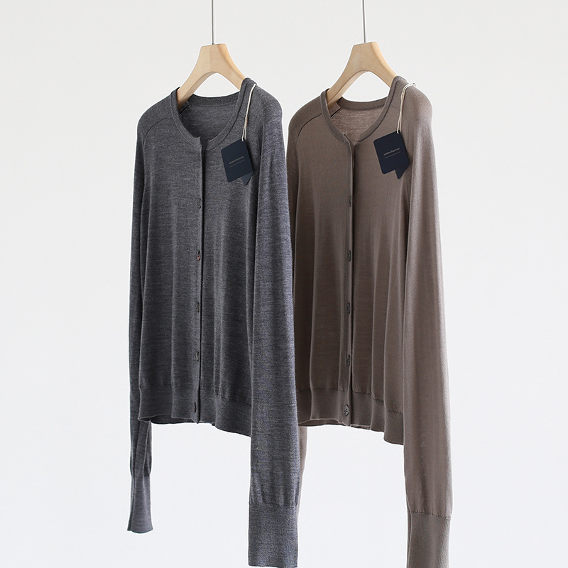 Spring and Summer High Cold Minimalist Round Neck Fine Imitation Yangtze Yarn Merino Wool Round Neck Long Sleeve Sweater Thin Solid Color Cardigan