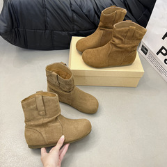 网红爆款堆堆靴女圆头平底短靴2025年秋显瘦软底小短靴西部牛仔靴