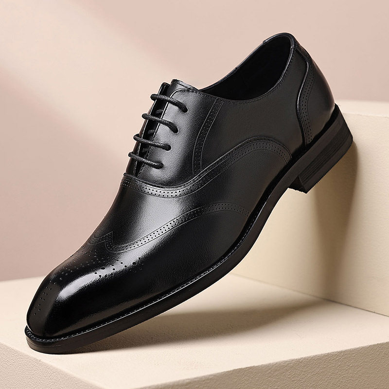 Giày da nam công sở da bò lớp đầu mũi nhọn Brogue buộc dây đế gỗ — Màu nâu, màu đen