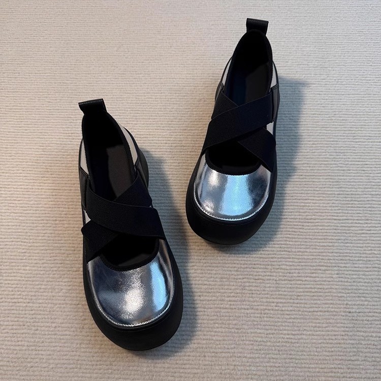 Versión de piel de oveja ~ Zapatos de cuero pequeños Mary Jane con correa cruzada deportiva de suela gruesa, zapatos de ballet de punta redonda, zapatos retro de boca baja para mujer