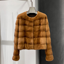 玥裘 日常轻奢 进口天鹅绒圆领横排水貂皮草貂皮大衣女整貂外套冬