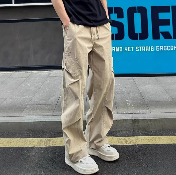Summer American Street Style Pleated Paratrooper Cargo Pants for Men, Trendy Loose Wide-Leg Casual Long Pants