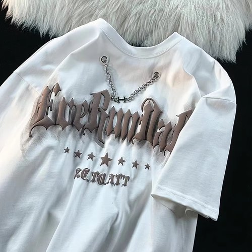 Heavyweight American street style bubble necklace t-shirt for men, short sleeve loose European and American fashion brand hiphop street dance half sleeve t-shirt