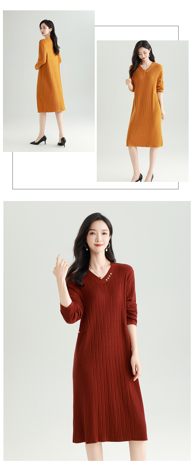 GraceChic 2025 Autunno Nuovo Scollo a V Lavorato a Maglia Taglie Forti Moda Donna Snellente Casuale Tinta Unita Abito Lungo_voghion.com