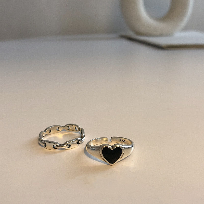 Korean Retro Black Heart S925 Silver Open Ring display picture 2