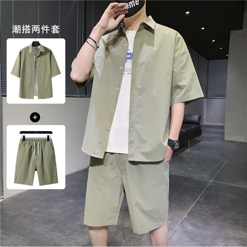 반팔 셔츠 반바지 트렌디 브랜드 여름 새 셔츠 세트 학생 십대 남성 캐주얼 투피스 남성 의류