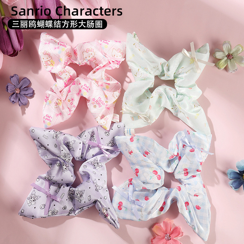 Sanrio Kitty arco estampado cuadrado anillo de intestino grande adorable cabello cuerda atada pelo anillo de pelo Kulomi