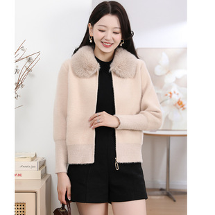 Foreign Trade Cross-Border Export Mother's Clothing Imitation Mink Velvet Zipper Knitted Jacket Large Fur Collar Middle-Aged Women's Autumn and Winter Sweater Fashionable