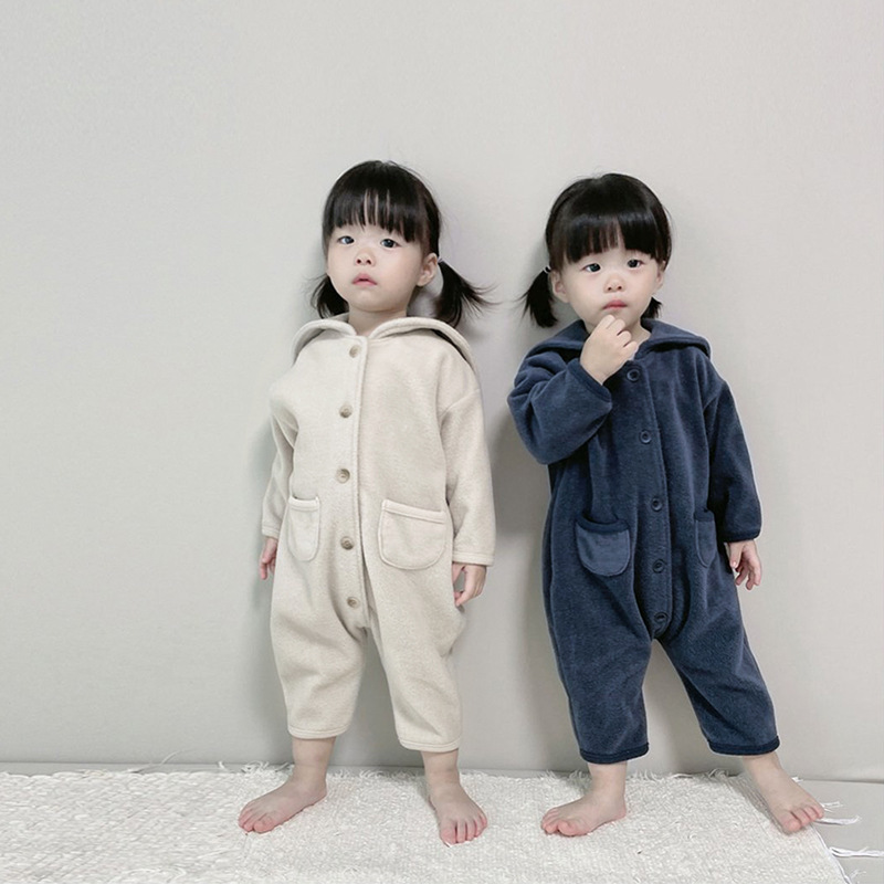 婴童秋款宝宝爬服双面绒大翻领口袋连体衣婴儿单排扣长款包屁衣|undefined