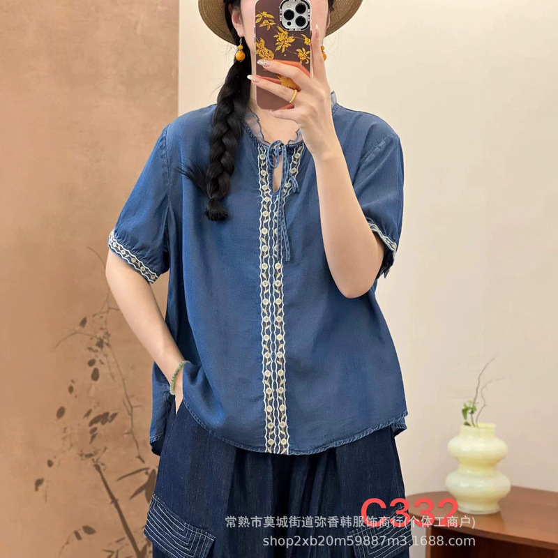 Summer New Style Artistic Retro Embroidered Lace-Up Round-Neck Shirt for Women, Loose and Slimming Thin Pullover for Women