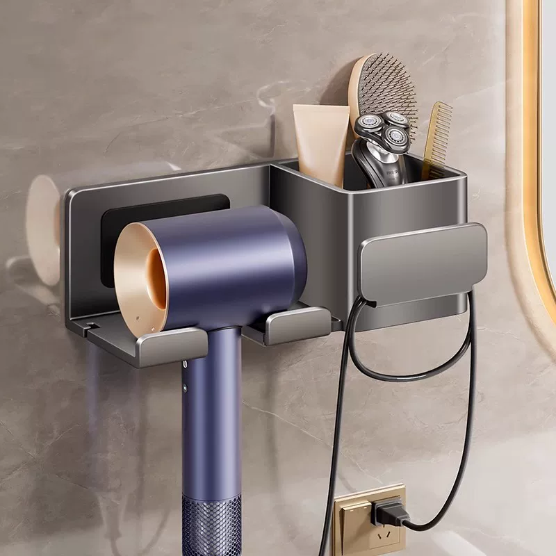 Hair dryer wall mount with no-drill bathroom storage cord management holder for hair dryer bathroom shelf