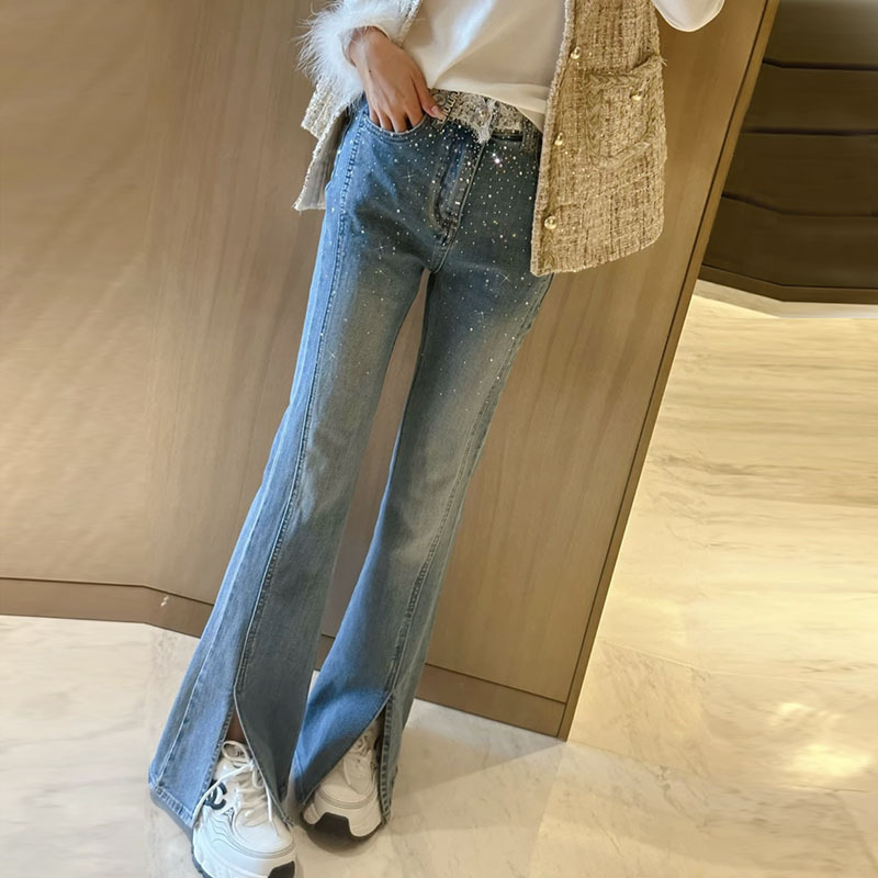 High Waist Rhinestone Split Slightly Flared Jeans - Back View