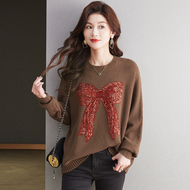 Nail sequins, demi-season knitted sweater with bow for leisure, with embroidery, oversize, fitted