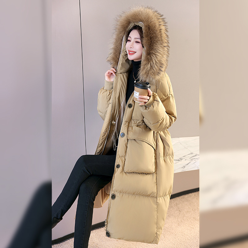 Winter raccoon fur collar white duck down over the knee hooded multi-pocket long fashion Korean down jacket HR196