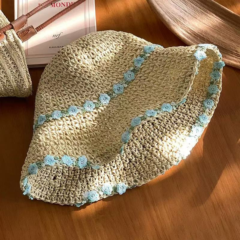 잔꽃무늬 밀짚모자 - 베이지색 블루 엣지