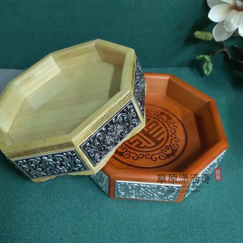 Metal Eight-Treasure Decorative Octagonal Solid Wood Plate Mongolian Element Tableware Ethnic Style Special Fruit Plate