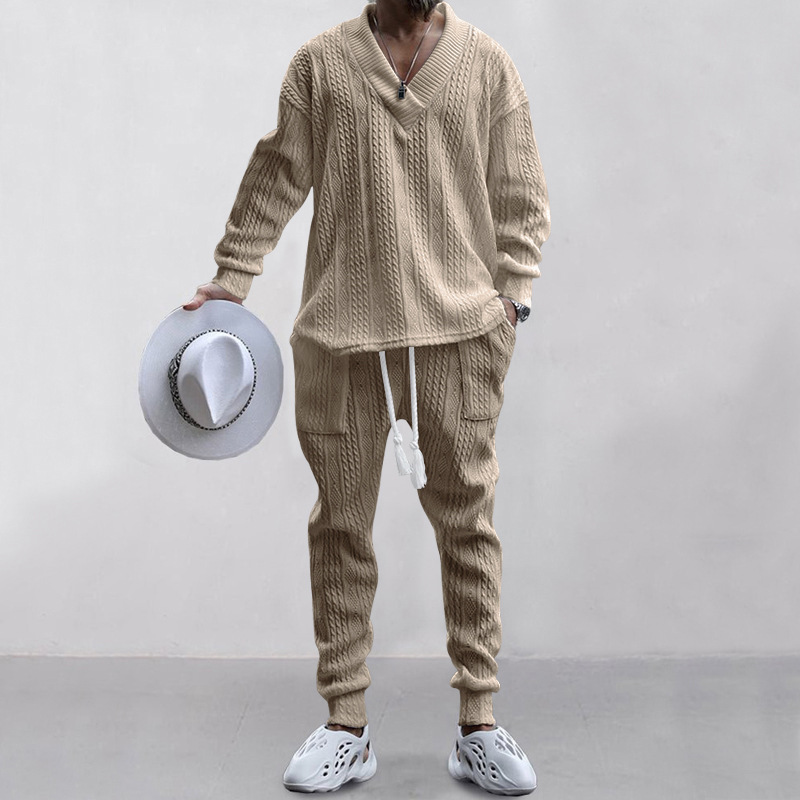 Set autunnale uomo maglieria jacquard con pantaloni collo a v_voghion.com