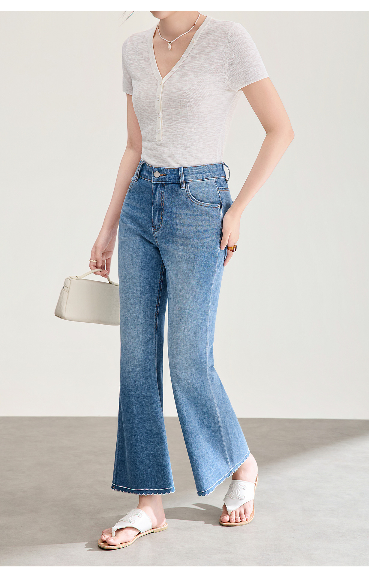 Quần jean nữ ống loe cạp cao co giãn bốn chiều vải cotton siêu mẫu — xanh lam chi tiết 22